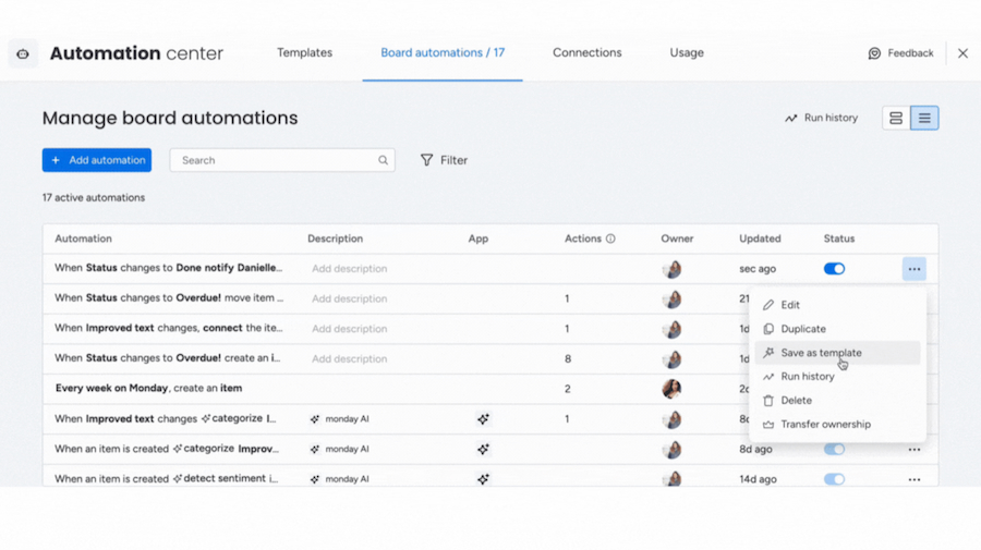 monday CRM's Automation Center showing a list of custom board automation with the option to save them as a custom template.