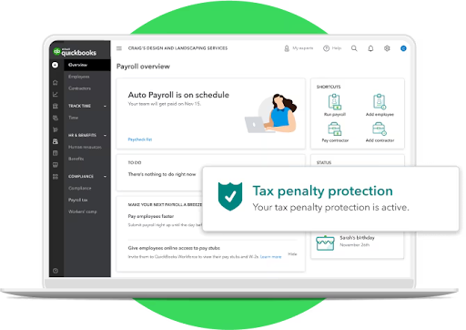 Quickbooks dashboard with Tax Penalty protection active.