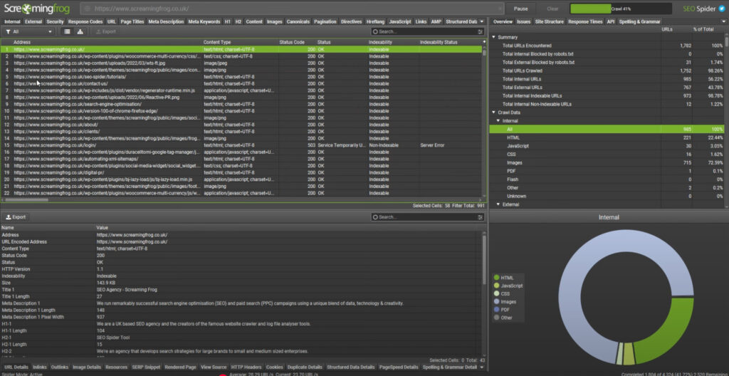 The Screaming Frog platform running a website audit and showing technical SEO issues.