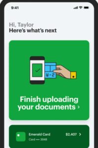 The MyBlock mobile app screen shows an option to finish uploading documents and an overview of an H&R Block Emerald Card.