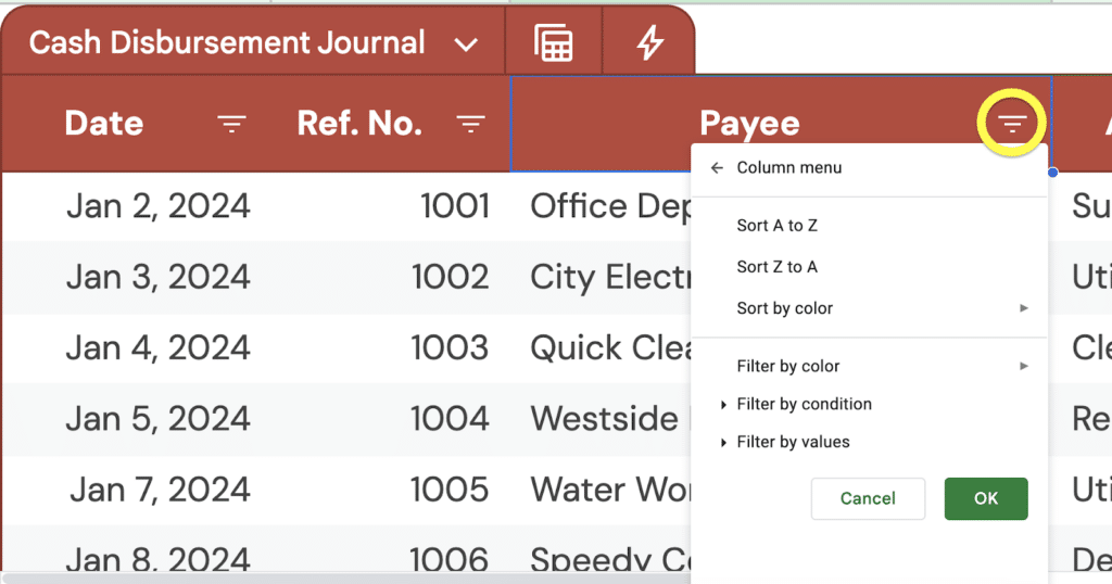 Image from Google Sheets showing how to filter and sort within a table