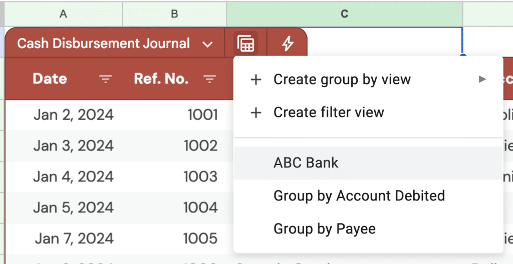 Image showing all the saved views within a table in Google Sheets