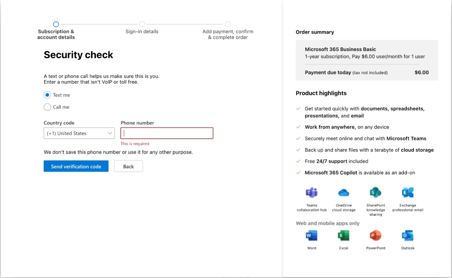 The phone verification step in Microsoft 365's setup process.