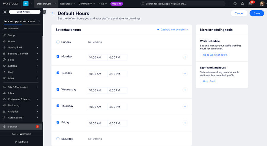 Wix's appointments tool with the prompt to add your default hours.