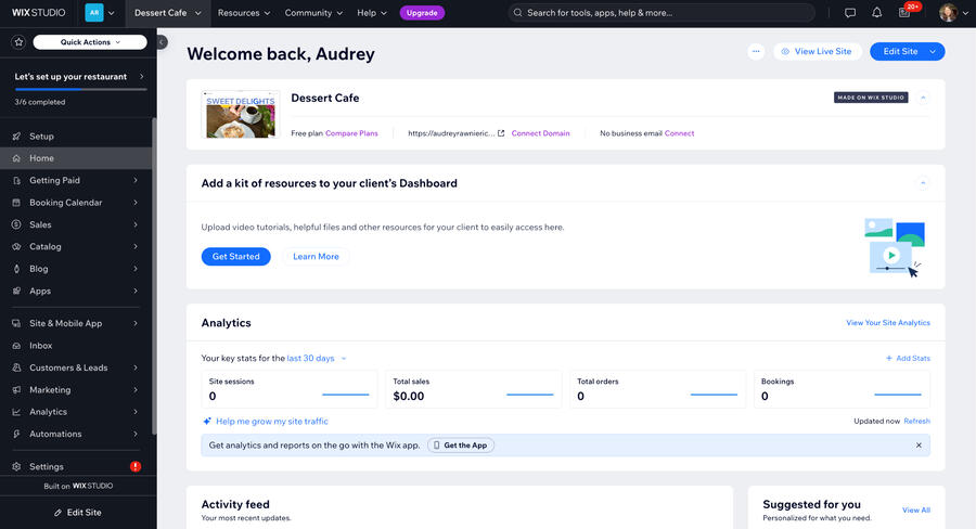 Wix's website builder dashboard with sections for managing your website, online store, blog, and others.