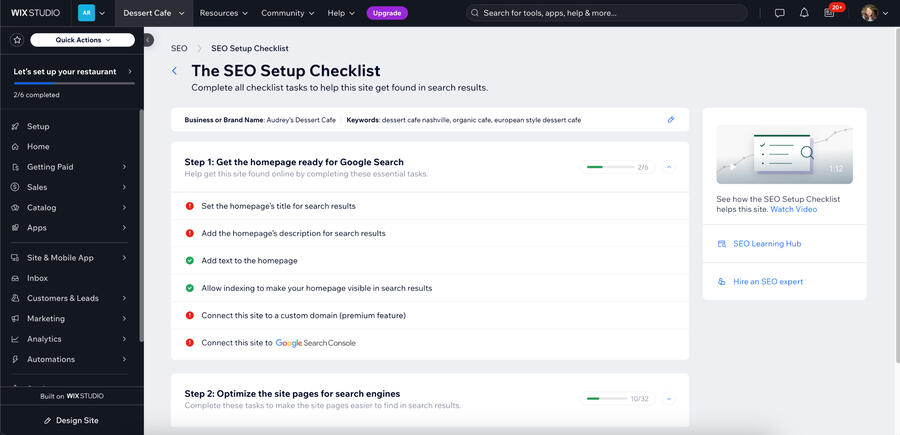 Wix's SEO setup checklist inside its dashboard.