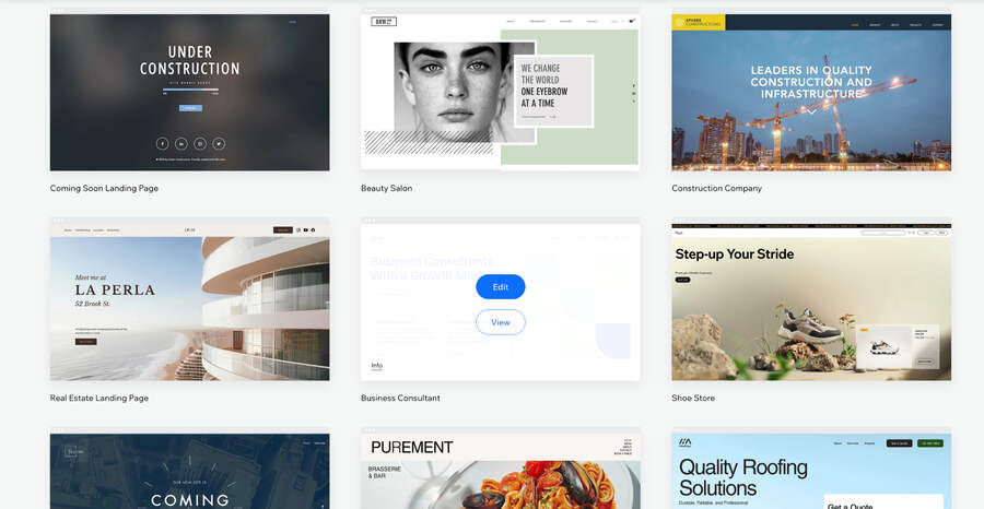 Various Wix website templates in a gallery.