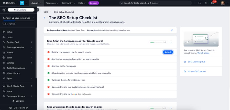 The SEO Setup Checklist in Wix's dashboard.