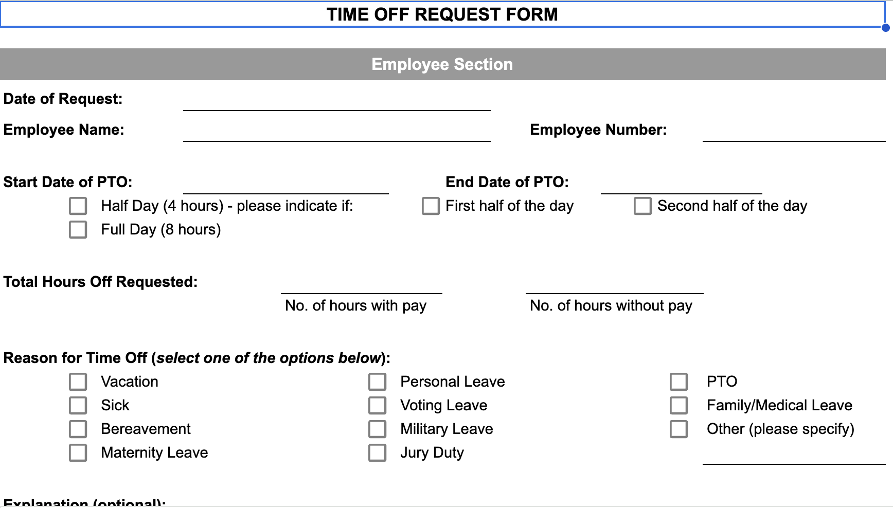 Time off request form in GSheets format