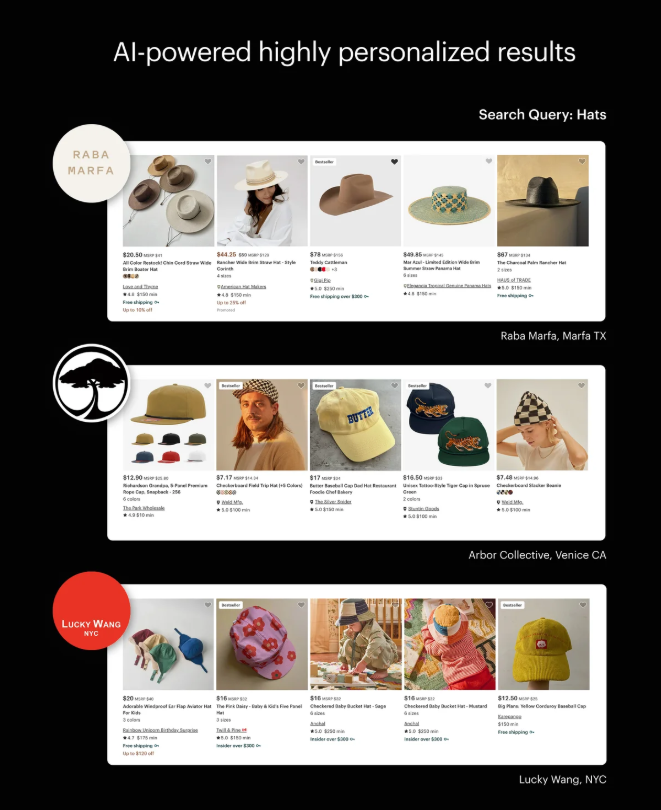 Faire AI-powered wholesale product recommendations showing personalized results for a retailer search query.