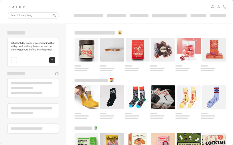 Faire wholesale marketplace dashboard with AI search and product discovery tools for retailers.
