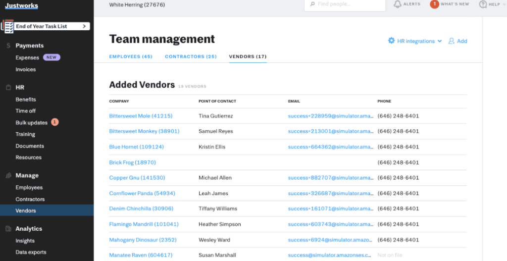 Justworks team management dashboard with a list of added vendors and their contact details.