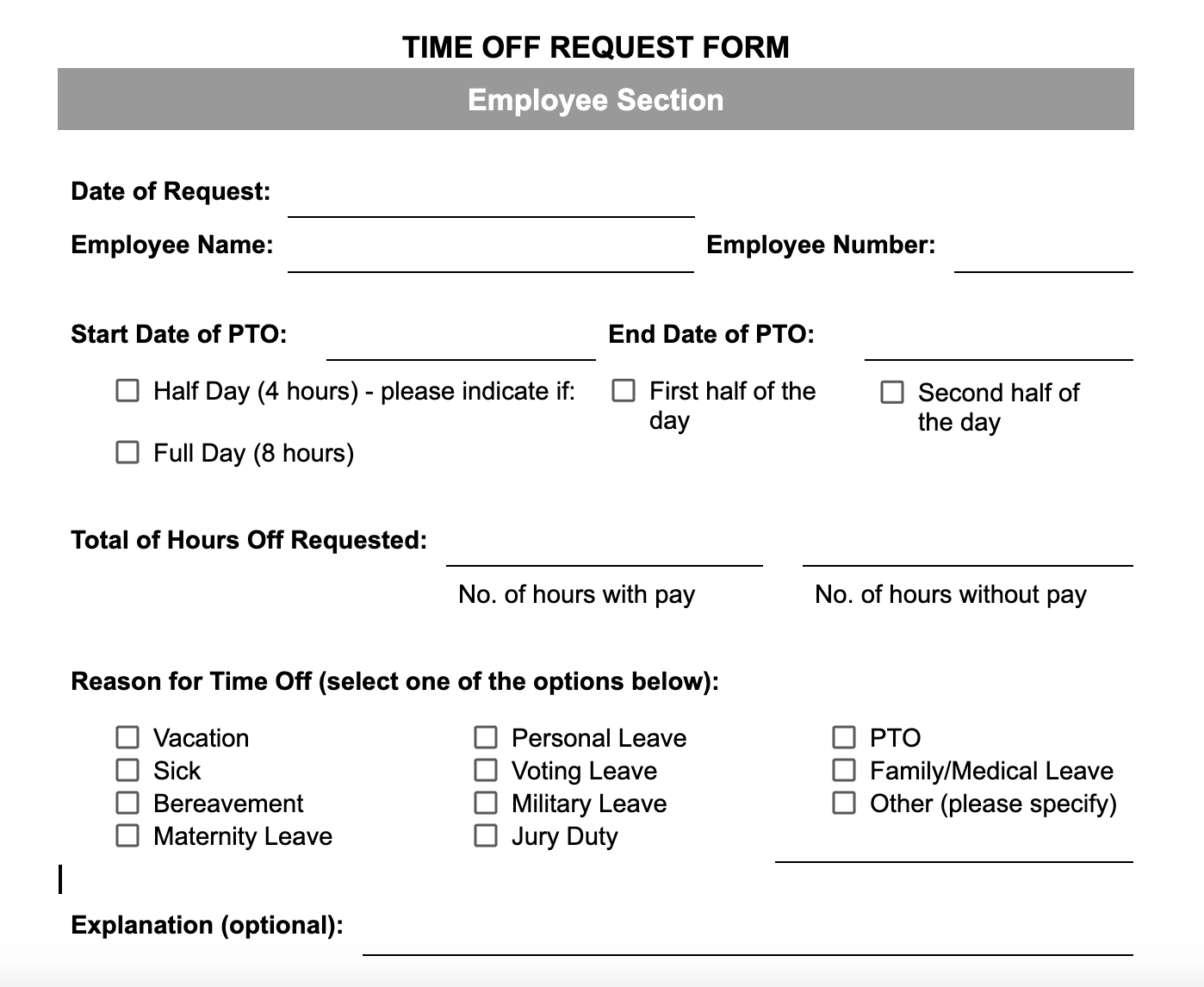 Time off request form in GDocs format