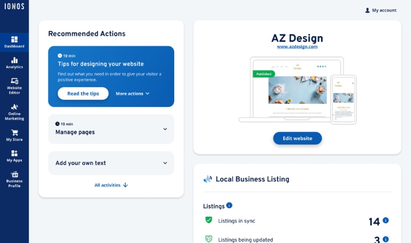 IONOS's dashboard for setting up and managing websites.