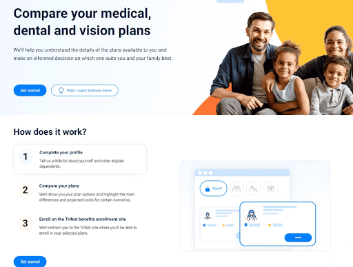 TriNet benefits support tool by Healthee features a three-step process for comparing benefits plans.