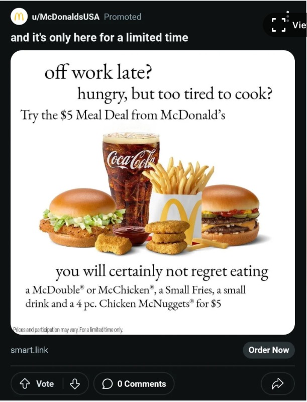 McDonald's Reddit Ad referencing the "Hungry, but too tired to cook?" meme.