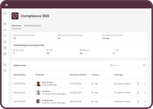 Rippling Compliance 360 dashboard has a list of open issues with urgency levels and target resolution dates.