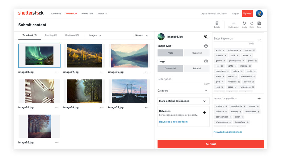 Shutterstock selling photos dashboard