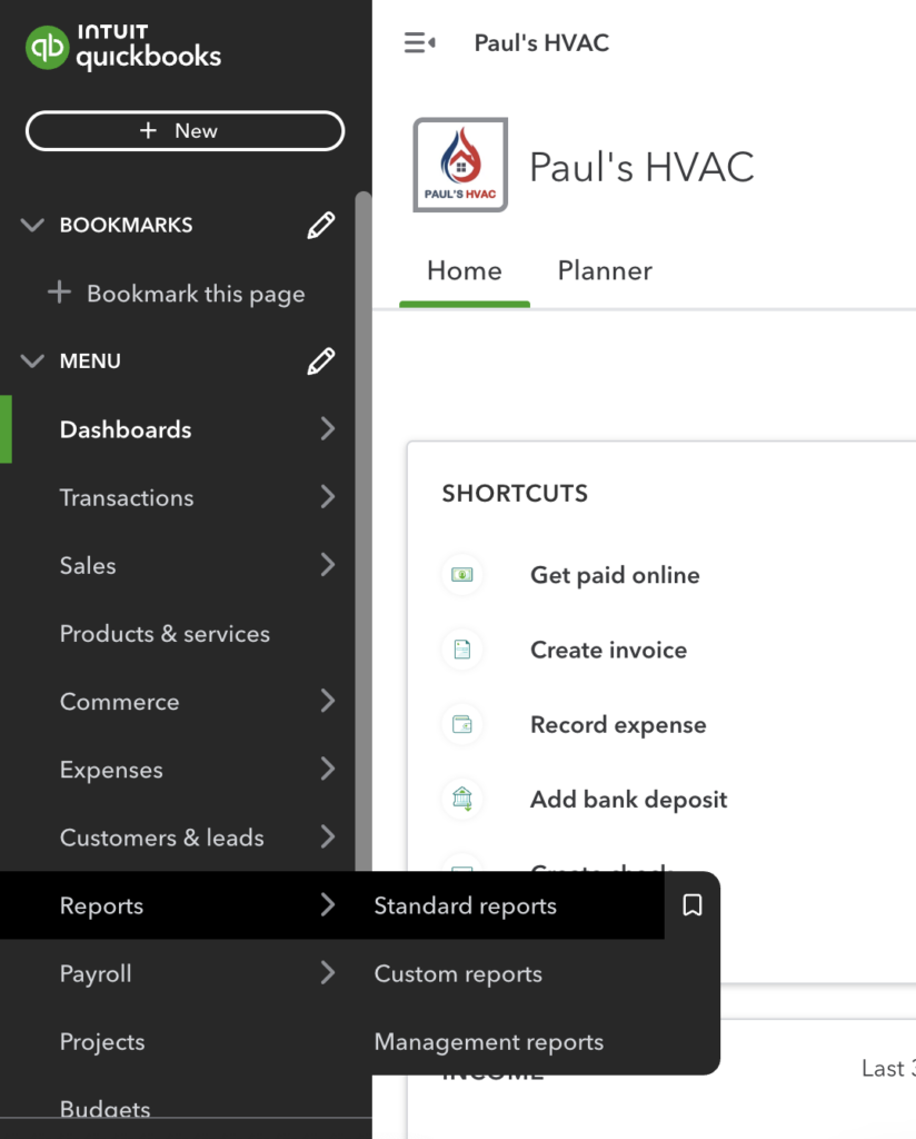 QuickBooks Online interface with the "Reports" menu expanded, showing options for Standard, Custom, and Management reports.