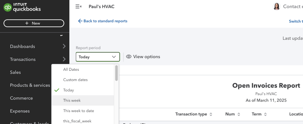 Choosing a report period from the dropdown while viewing the Open Invoices Report in QuickBooks Online.