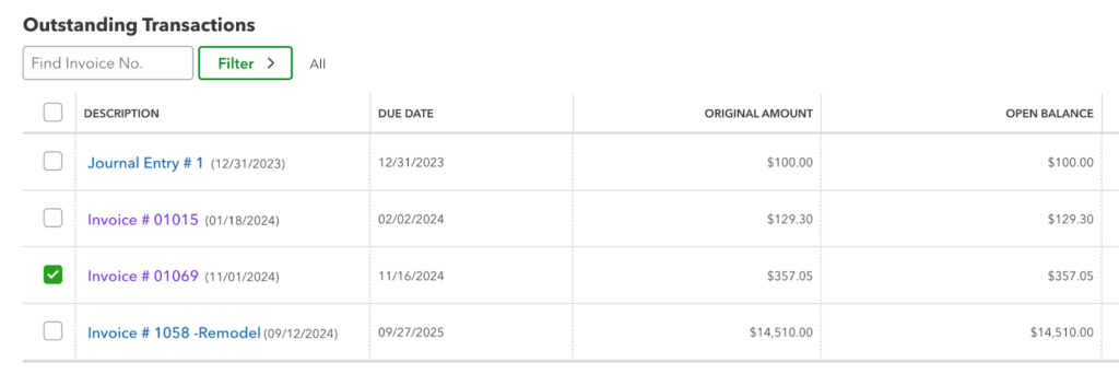 The Outstanding Transactions list in QuickBooks Online shows Invoice #01069 dated 11/01/2024, which is selected.