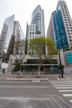 A modern high-rise office building in downtown area.