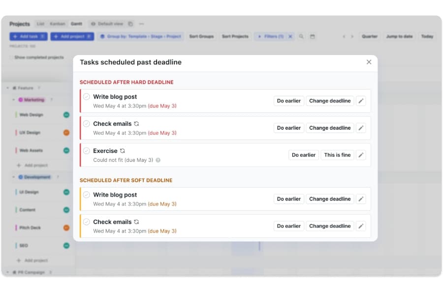 Motion app interface showing a task management panel with tasks scheduled past their deadlines, including options to reschedule or adjust deadlines based on priority.