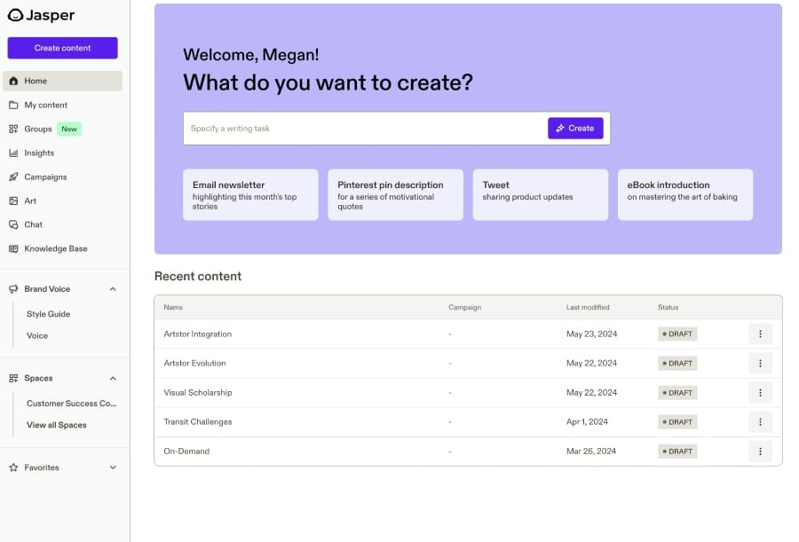 Jasper AI Studio dashboard showing content creation options like email newsletters, tweets, and eBook intros, with a recent drafts section and navigation menu for brand voice, campaigns, and workspaces.