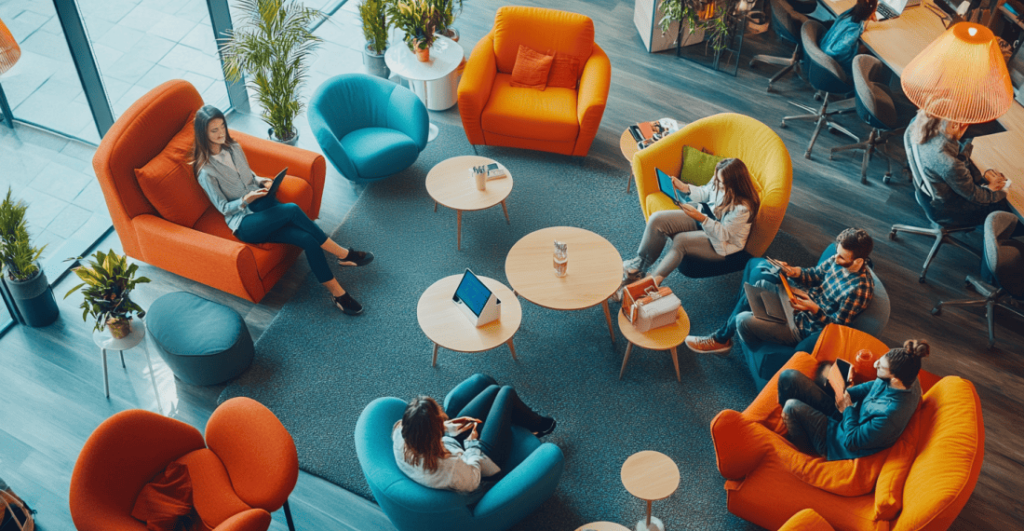 Alliance virtual office with members working in an orange and blue coworking space.