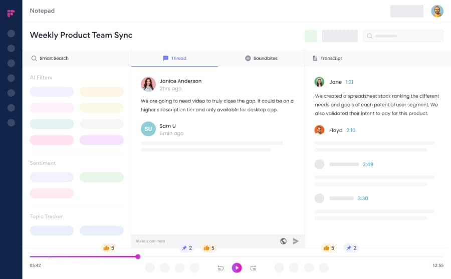 Fireflies.ai Notepad interface showing a weekly product team sync with separate views for thread, soundbites, and transcript, highlighting real-time conversation and collaboration tools.