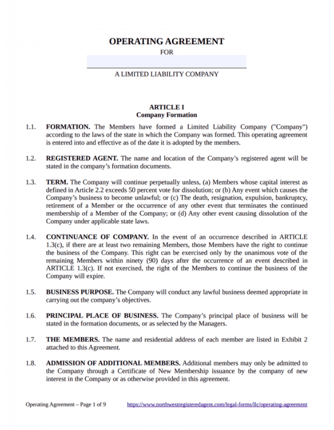 Legal operating agreement from Northwest Registered Agent.