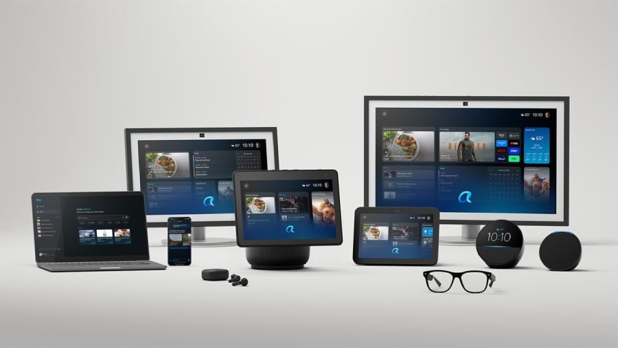 Alexa+ displayed across multiple smart devices including Echo Show, smart glasses, smartphone, tablet, laptop, and smart speakers, showcasing cross-platform AI assistant integration.