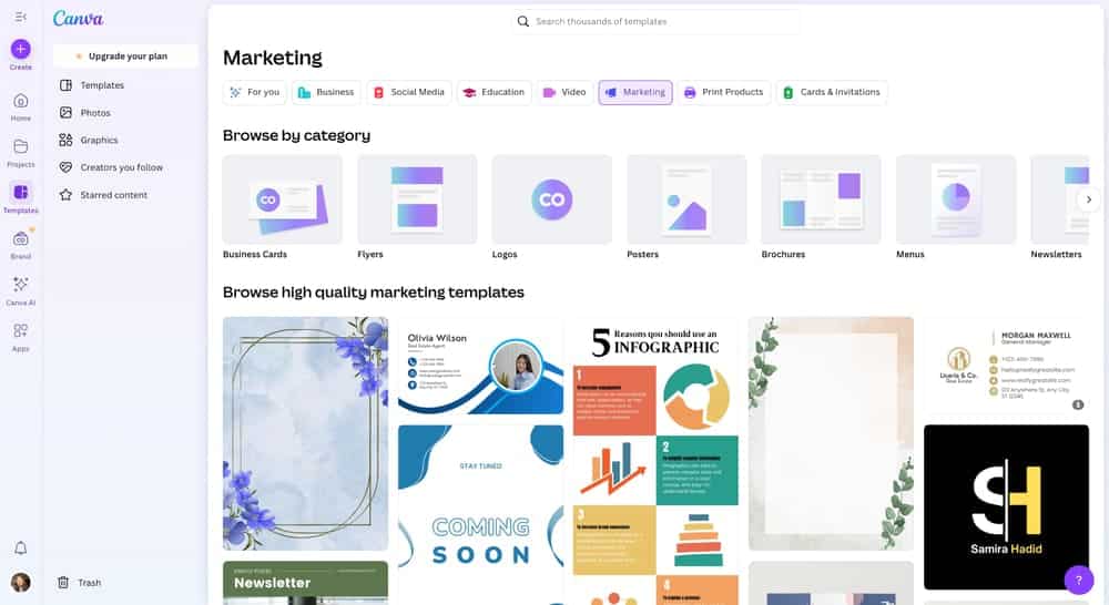 Various marketing material templates inside Canva.