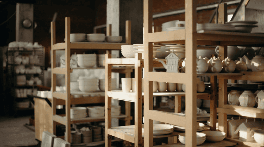 Shelves of ceramic kitchenware and dishes in a workshop, examples of cookware and home items that can be flipped for resale