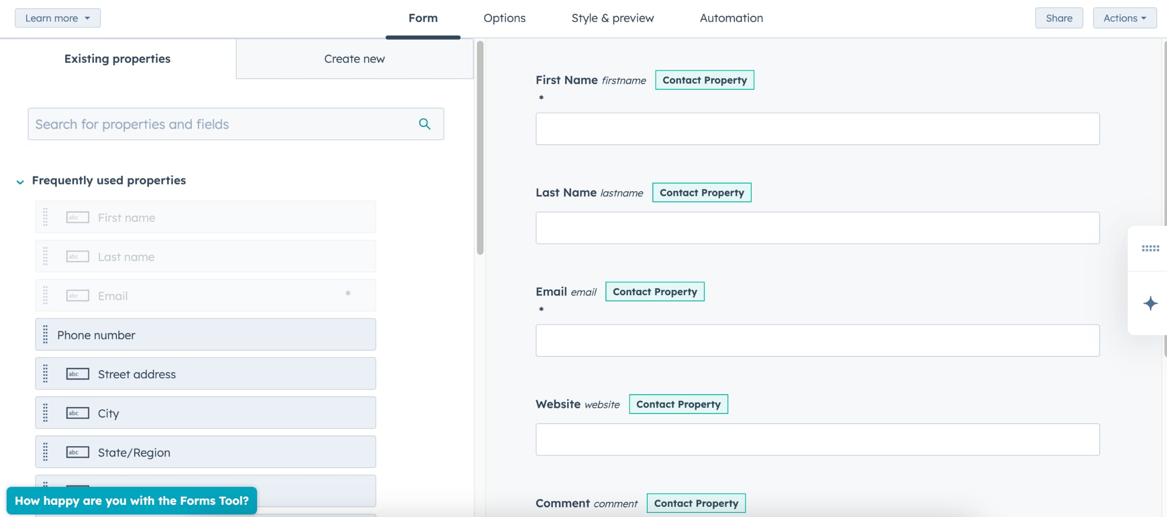 HubSpot's form builder for capturing leads.