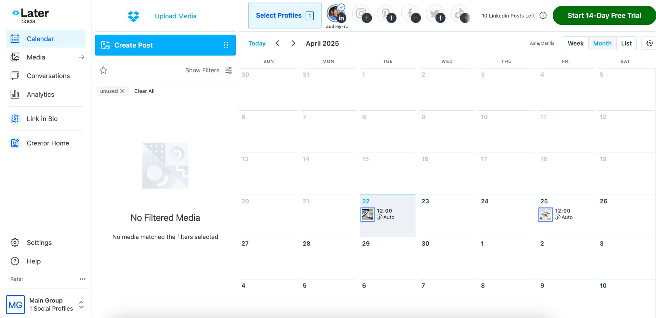 Later's social media content calendar.