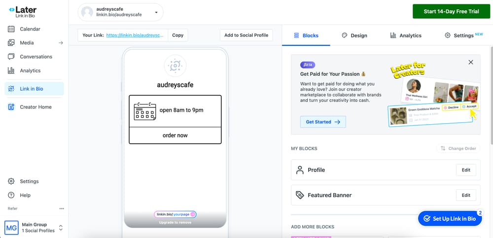 Later Social's link in bio site builder.