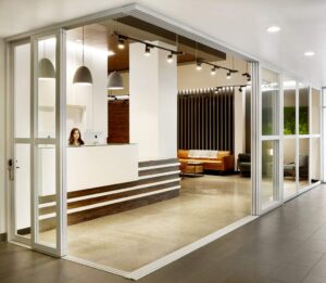 A virtual office lobby with professional receptionist and contemporary interior.