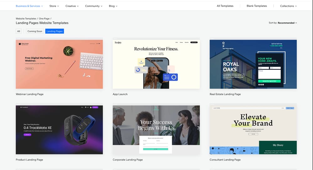 Various landing page templates in Wix.