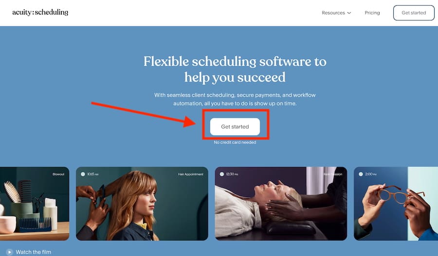 Acuity Scheduling's home page with an arrow pointing to the Get Started button.