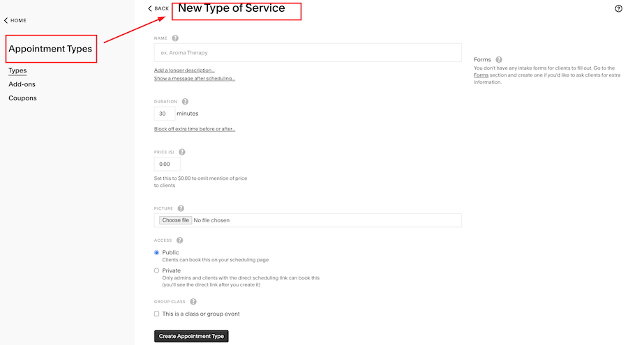 Acuity Scheduling's Appointment Types settings for new types of services.