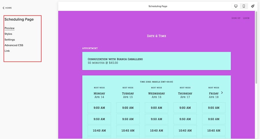 Acuity Scheduling's customization options for the scheduling page.