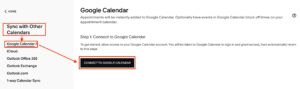 Acuity Scheduling's calendar sync options with the button for connecting to Google Calendar.