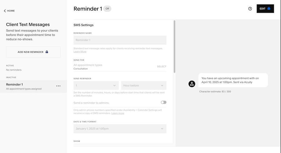 Acuity Scheduling's client text message notification settings.