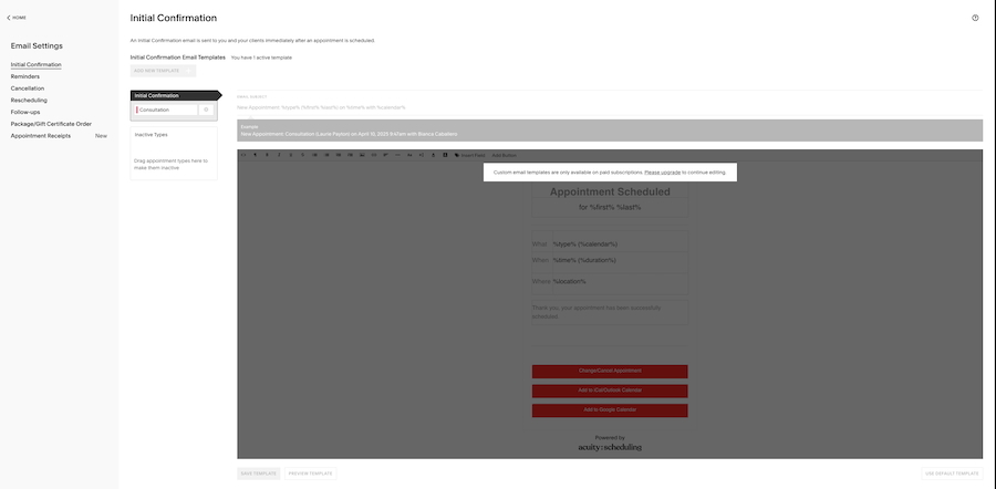 Acuity Scheduling's client email notification settings.