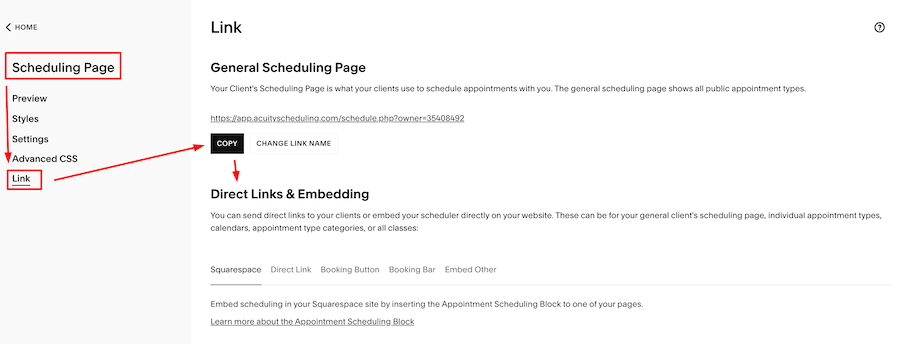 Acuity Scheduling's link customization and sharing options.
