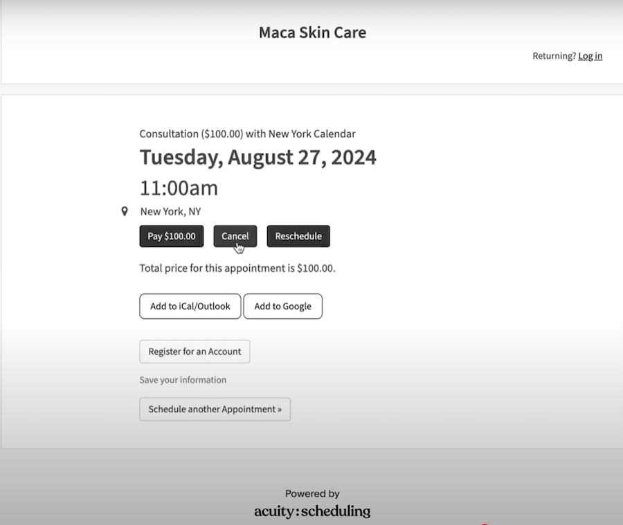 Acuity Scheduling's sample client confirmation page after self-booking.