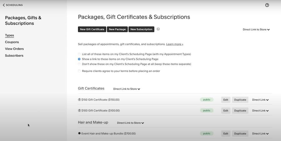 Acuity Scheduling’s packages, gifts, and subscription management tab.