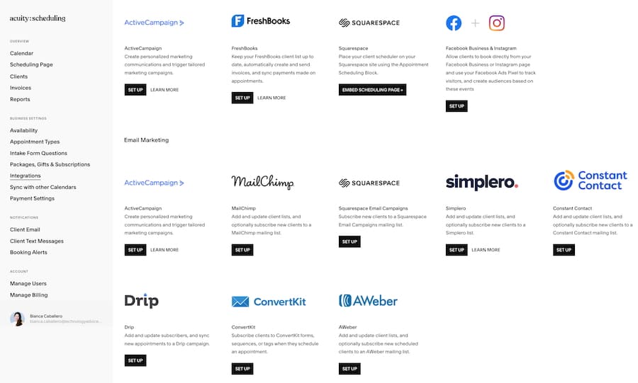 Acuity Scheduling's third-party app integrations.