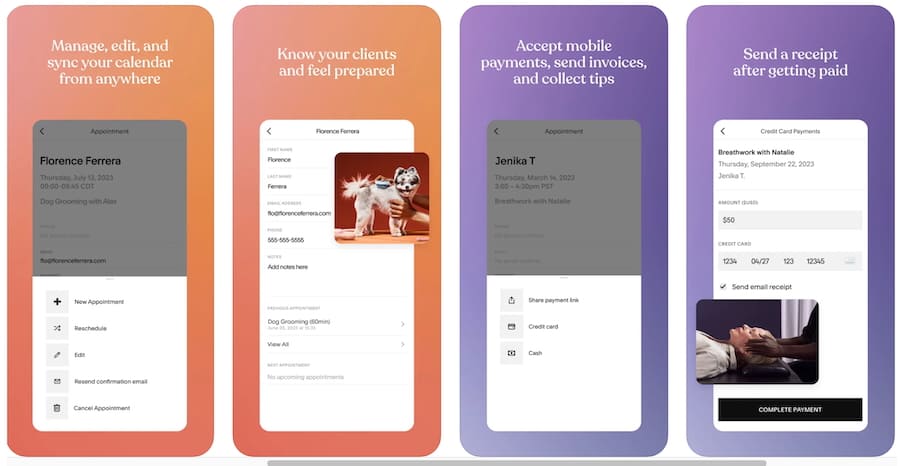 Several iPhone screens showcasing the key capabilities of Acuity Scheduling.